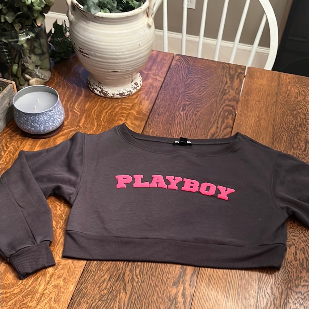Playboy Cropped Sweatshirt in Gray and Pink